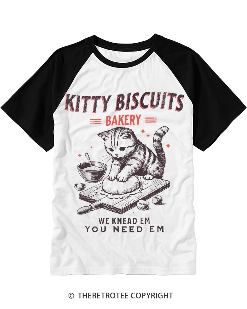 TheRetroTee Kitty Biscuits Bakery 1950s Raglan Baseball T-Shirt