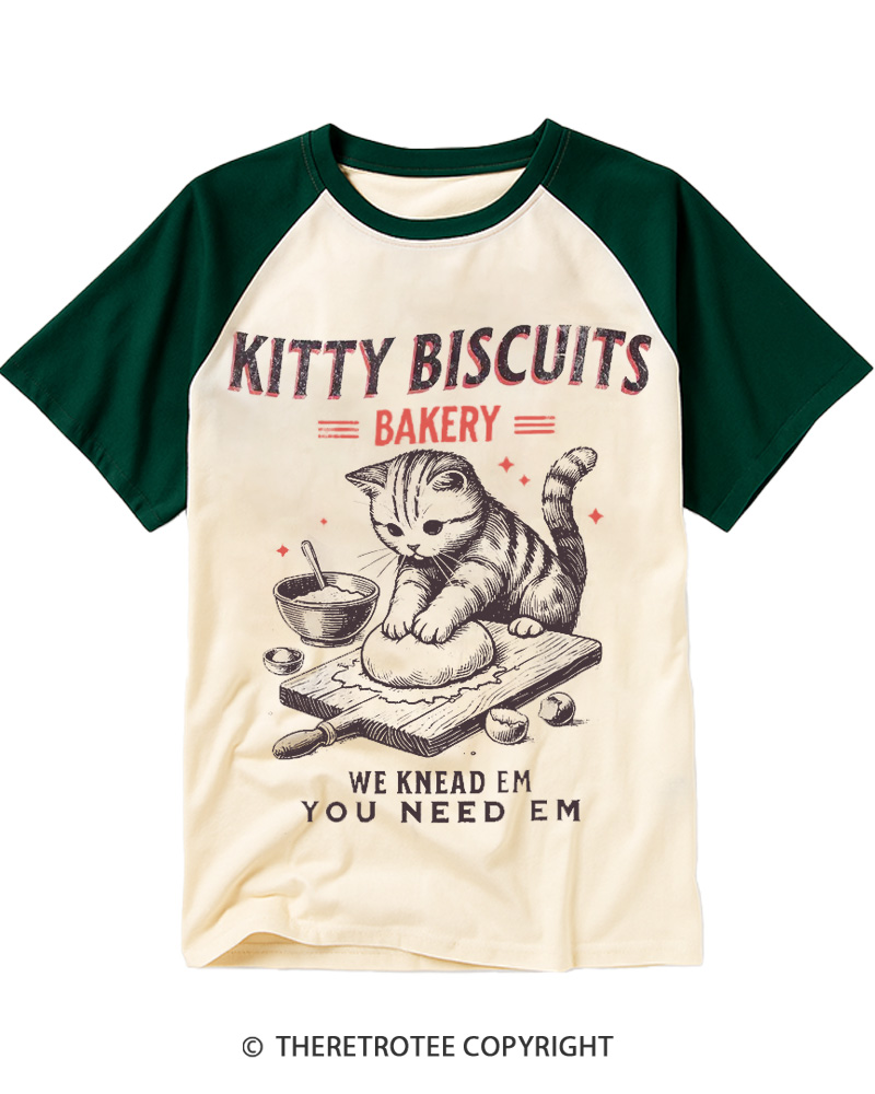 TheRetroTee Kitty Biscuits Bakery 1950s Raglan Baseball T-Shirt