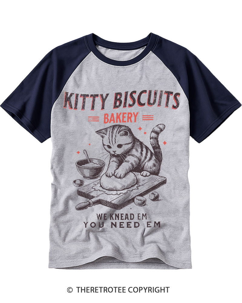 TheRetroTee Kitty Biscuits Bakery 1950s Raglan Baseball T-Shirt