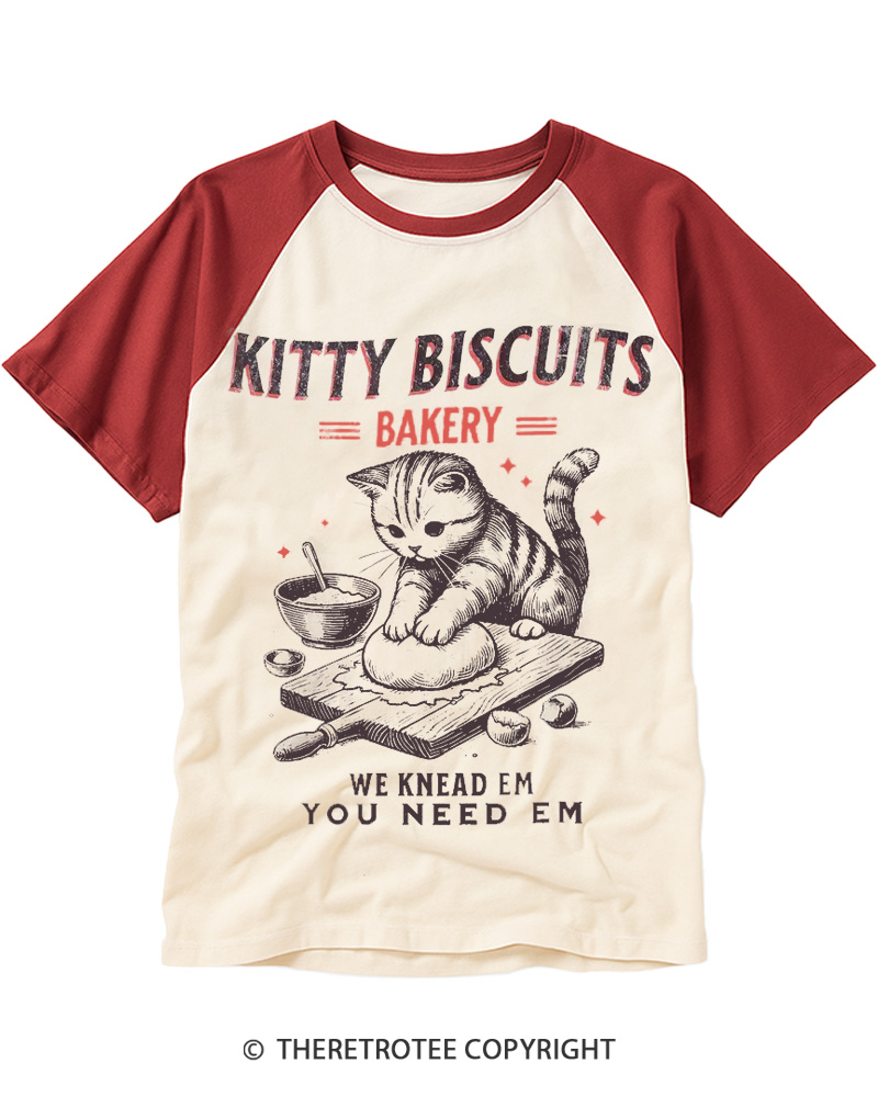 TheRetroTee Kitty Biscuits Bakery 1950s Raglan Baseball T-Shirt