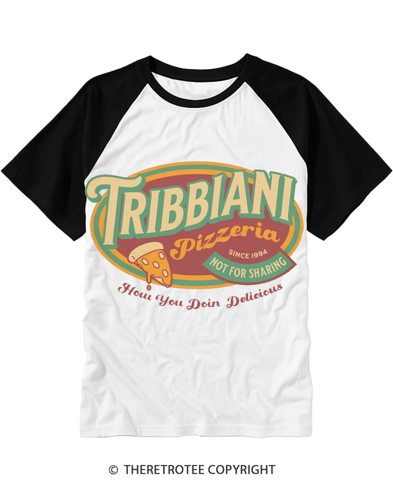 TheRetroTee Tribbiani Pizzeria 1990s Raglan Baseball T-Shirt