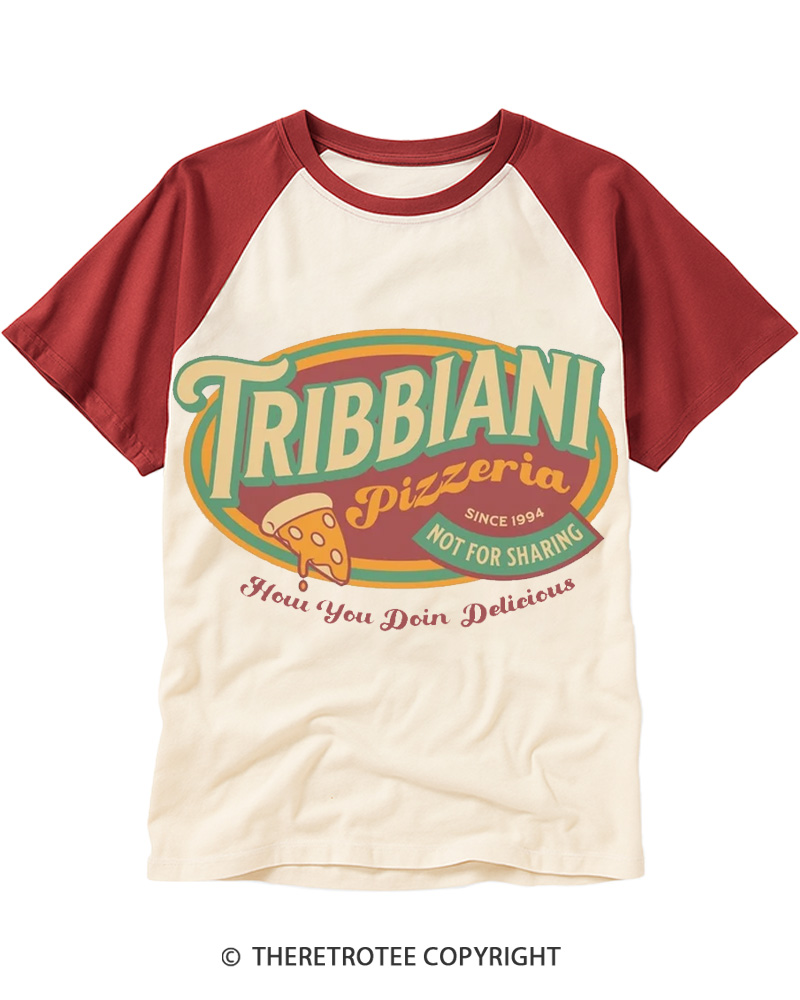 TheRetroTee Tribbiani Pizzeria 1990s Raglan Baseball T-Shirt