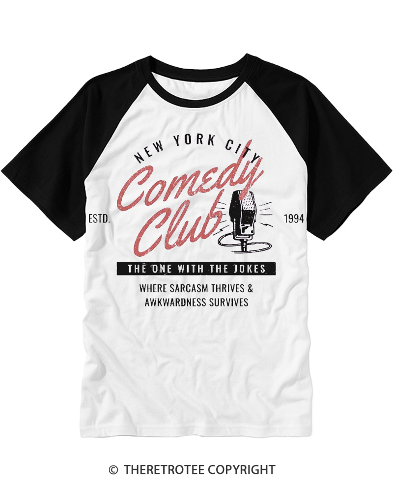TheRetroTee Comedy Club 1990s Raglan Baseball T-Shirt