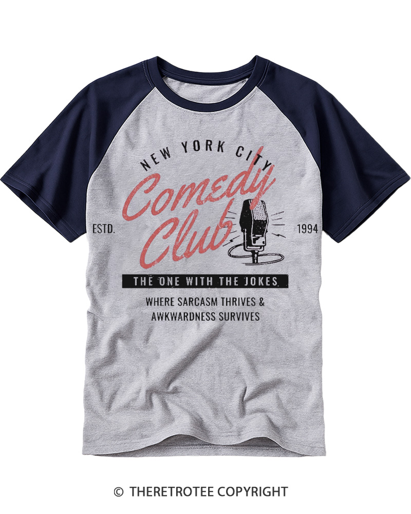 TheRetroTee Comedy Club 1990s Raglan Baseball T-Shirt