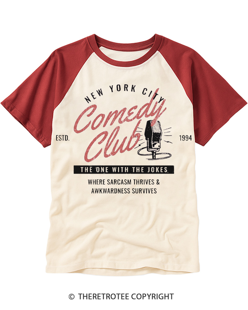 TheRetroTee Comedy Club 1990s Raglan Baseball T-Shirt