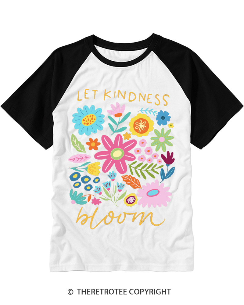 TheRetroTee Let Kindness Bloom 1970s Raglan Baseball T-Shirt