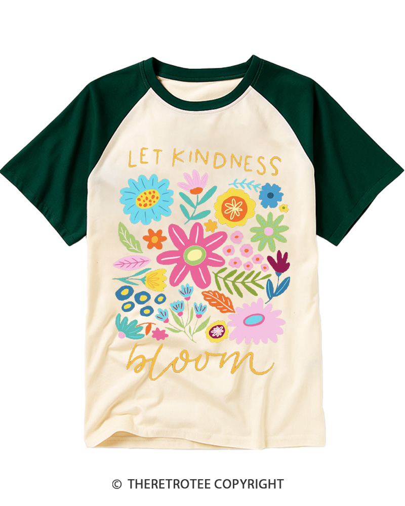 TheRetroTee Let Kindness Bloom 1970s Raglan Baseball T-Shirt