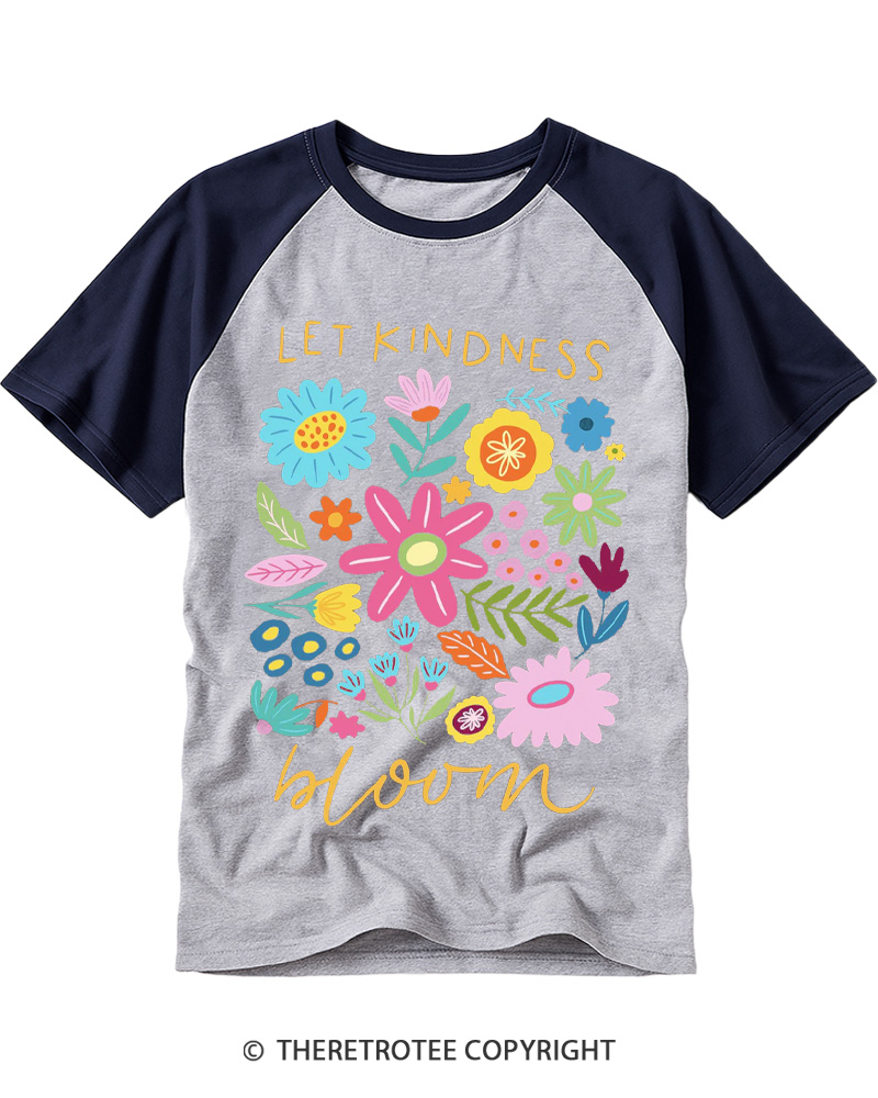 TheRetroTee Let Kindness Bloom 1970s Raglan Baseball T-Shirt