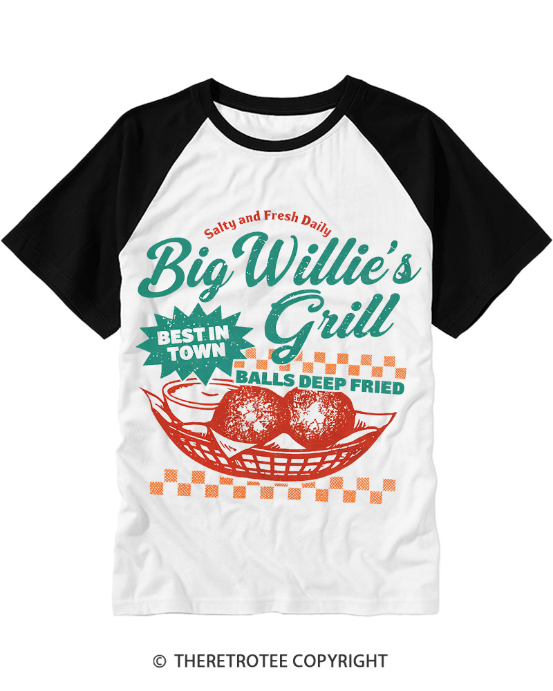 TheRetroTee Big Willie's Grill 1980s Raglan Baseball T-Shirt