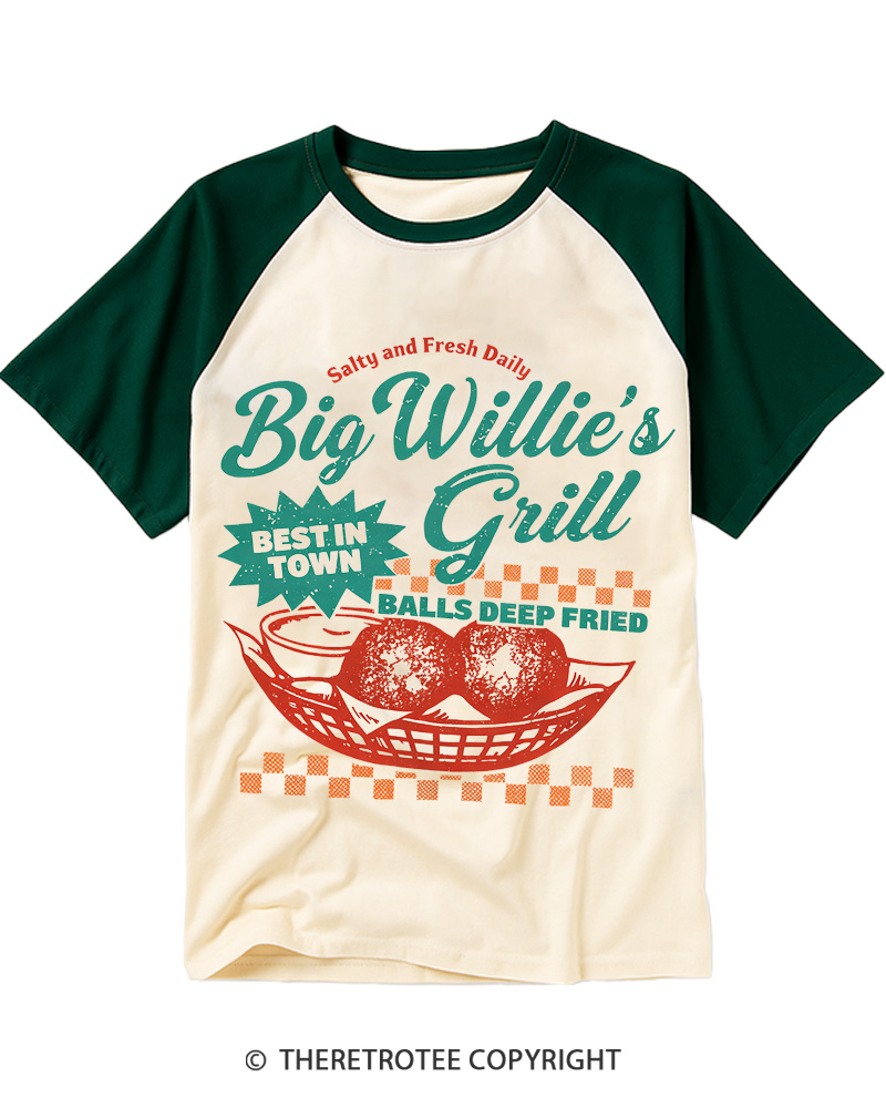 TheRetroTee Big Willie's Grill 1980s Raglan Baseball T-Shirt