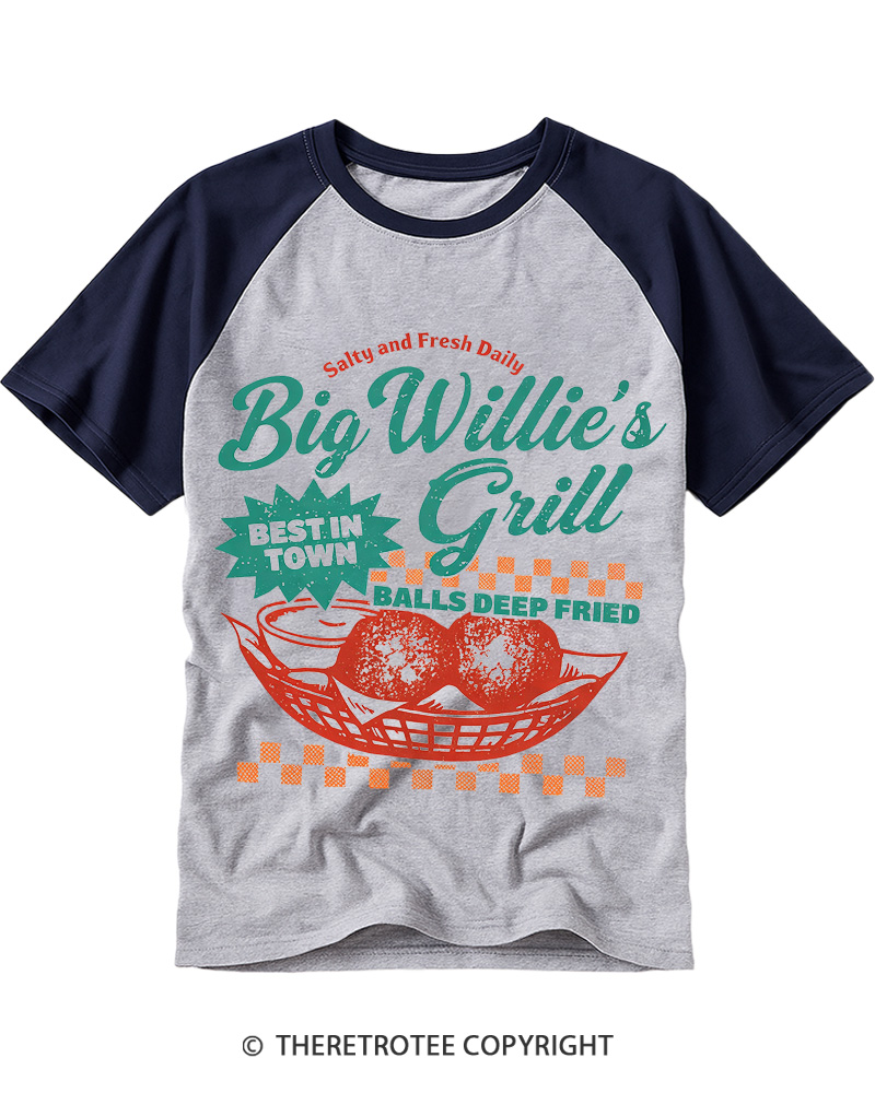 TheRetroTee Big Willie's Grill 1980s Raglan Baseball T-Shirt