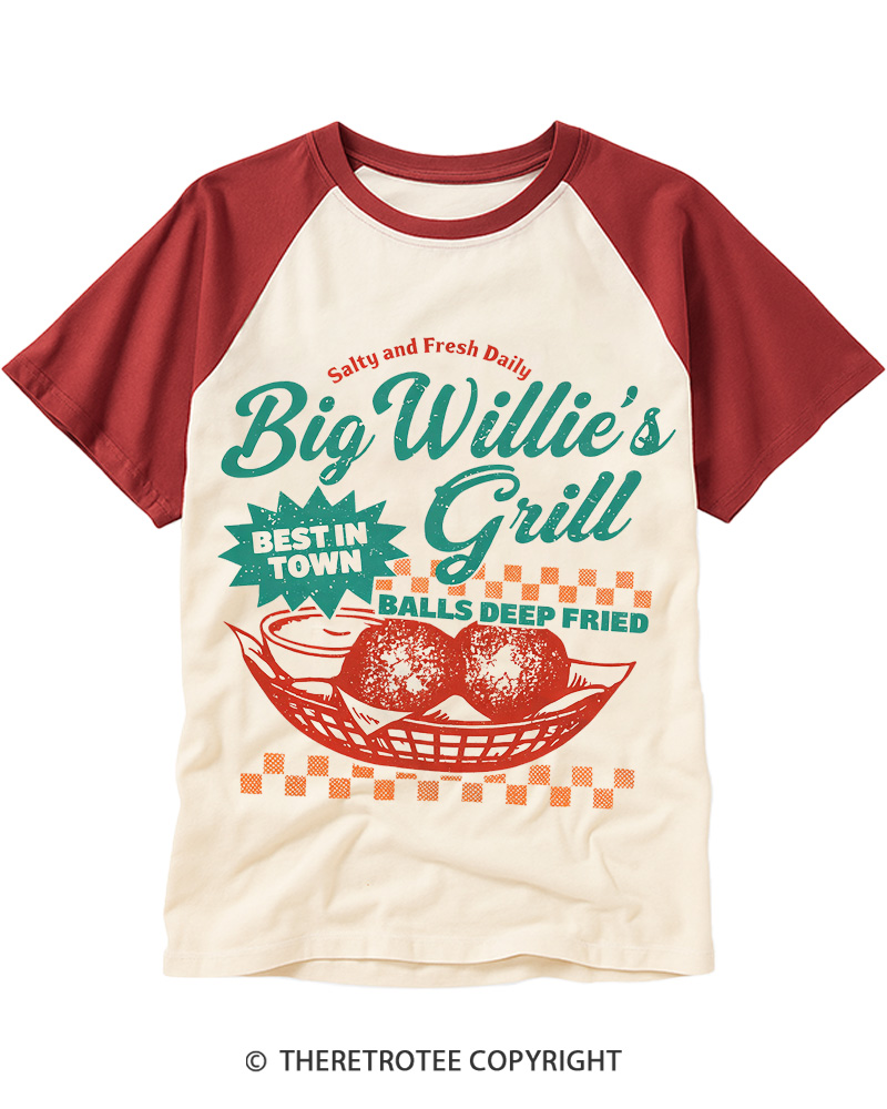 TheRetroTee Big Willie's Grill 1980s Raglan Baseball T-Shirt