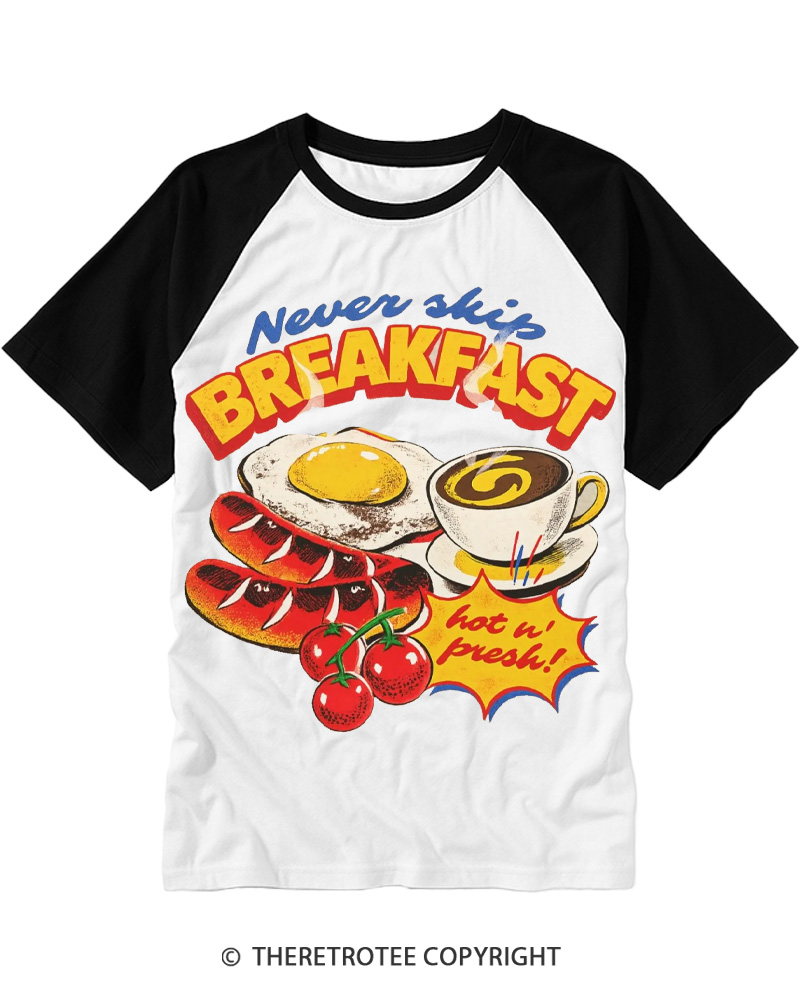 TheRetroTee Never Skip Breakfast 1960s Raglan Baseball T-Shirt
