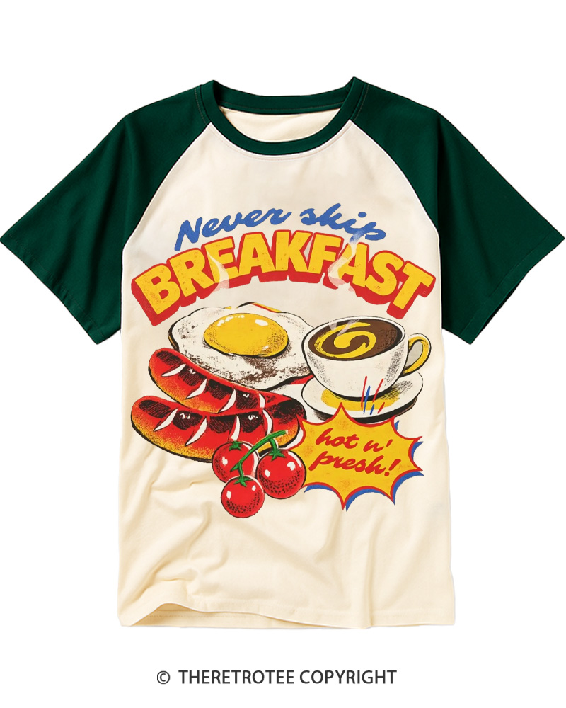 TheRetroTee Never Skip Breakfast 1960s Raglan Baseball T-Shirt