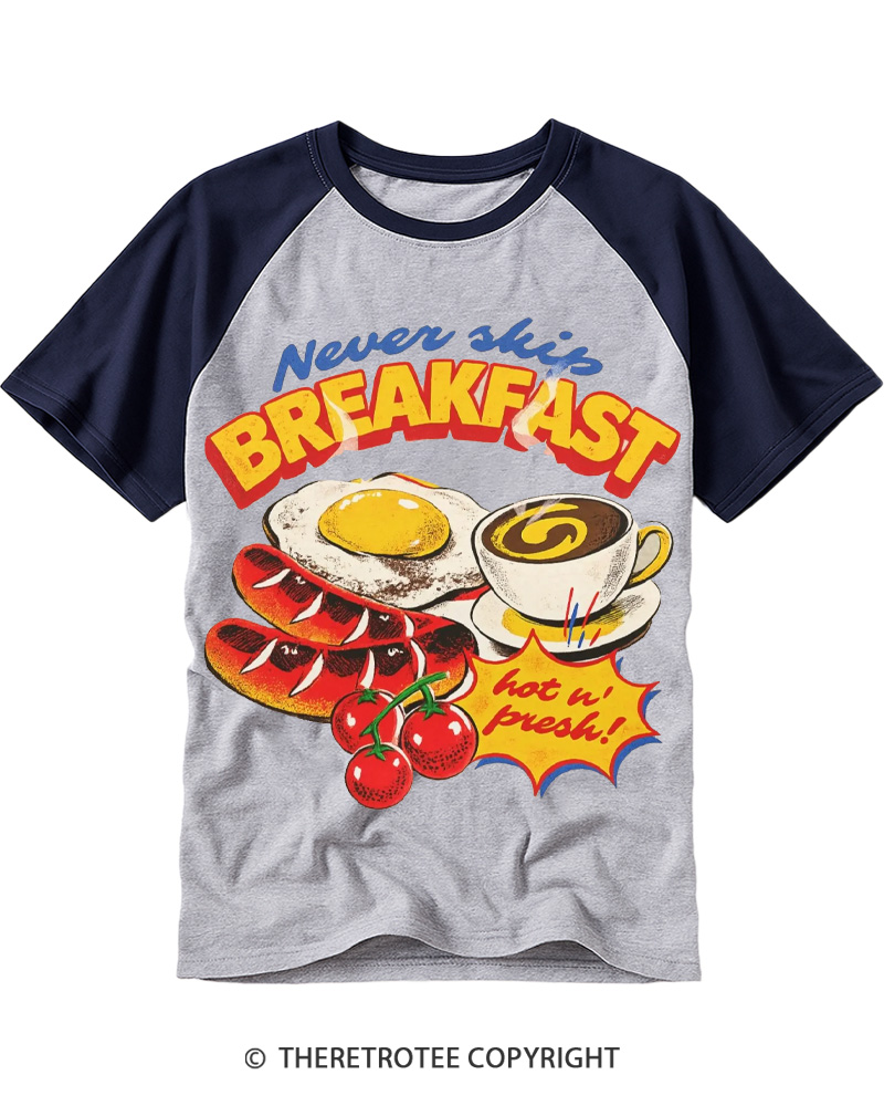 TheRetroTee Never Skip Breakfast 1960s Raglan Baseball T-Shirt
