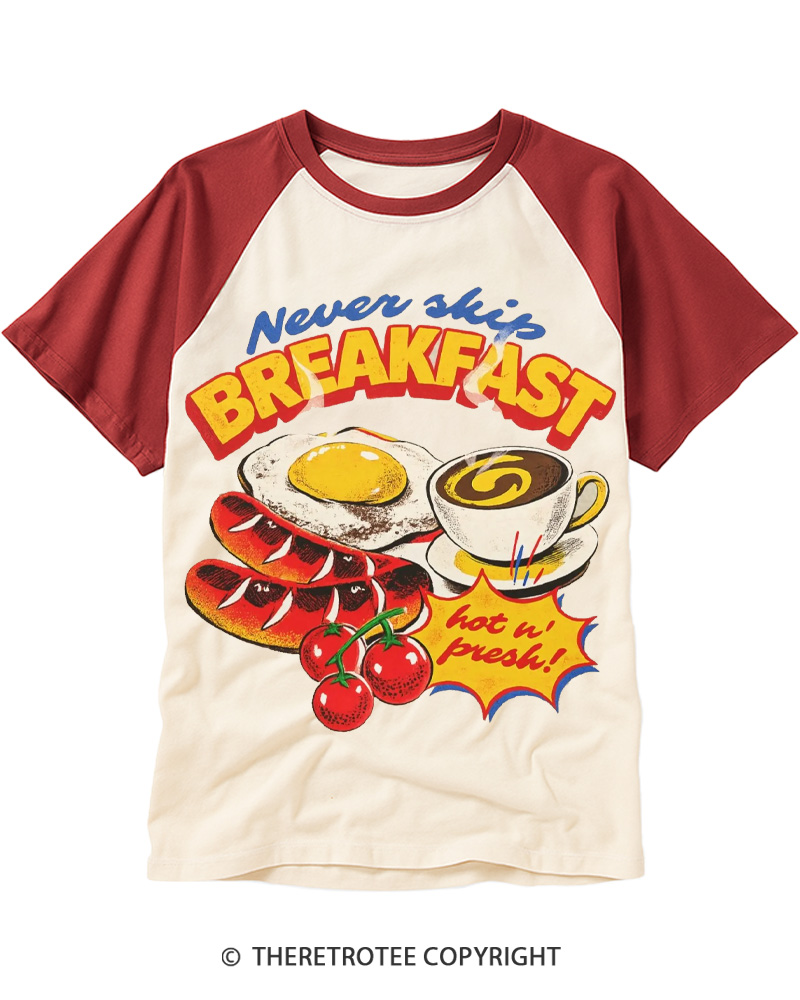 TheRetroTee Never Skip Breakfast 1960s Raglan Baseball T-Shirt