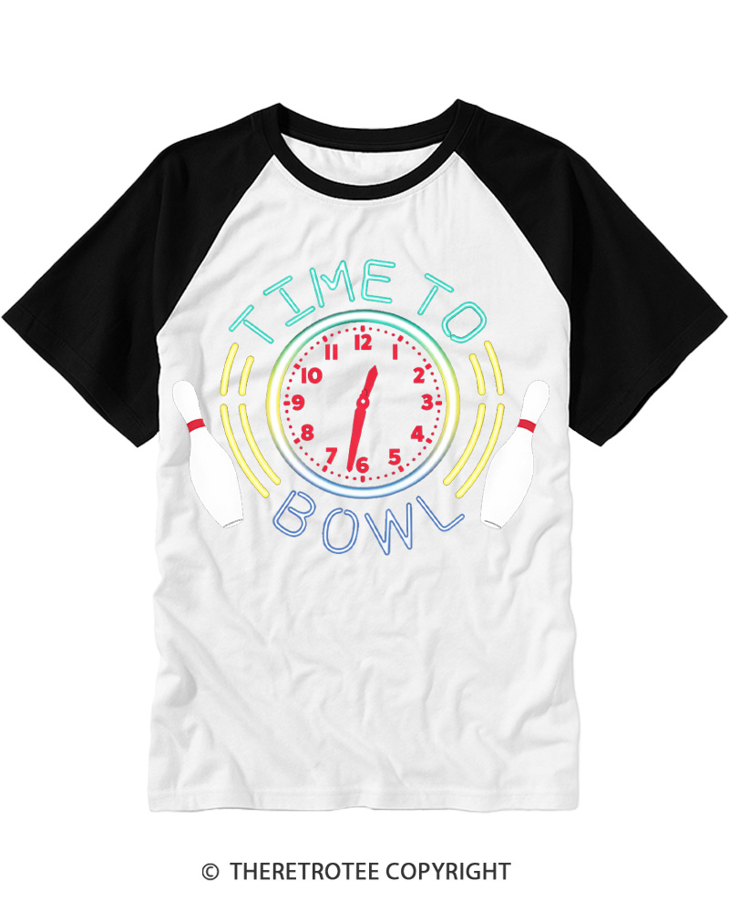 TheRetroTee Time To Bowl 1990s Raglan Baseball T-Shirt