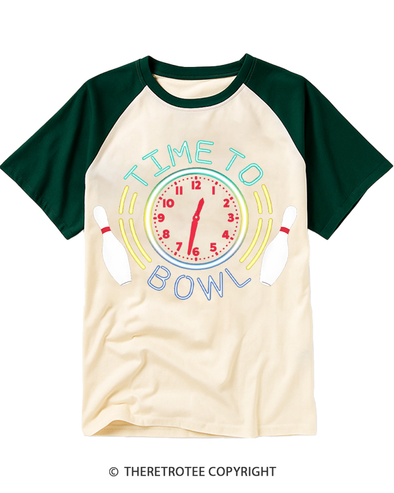 TheRetroTee Time To Bowl 1990s Raglan Baseball T-Shirt