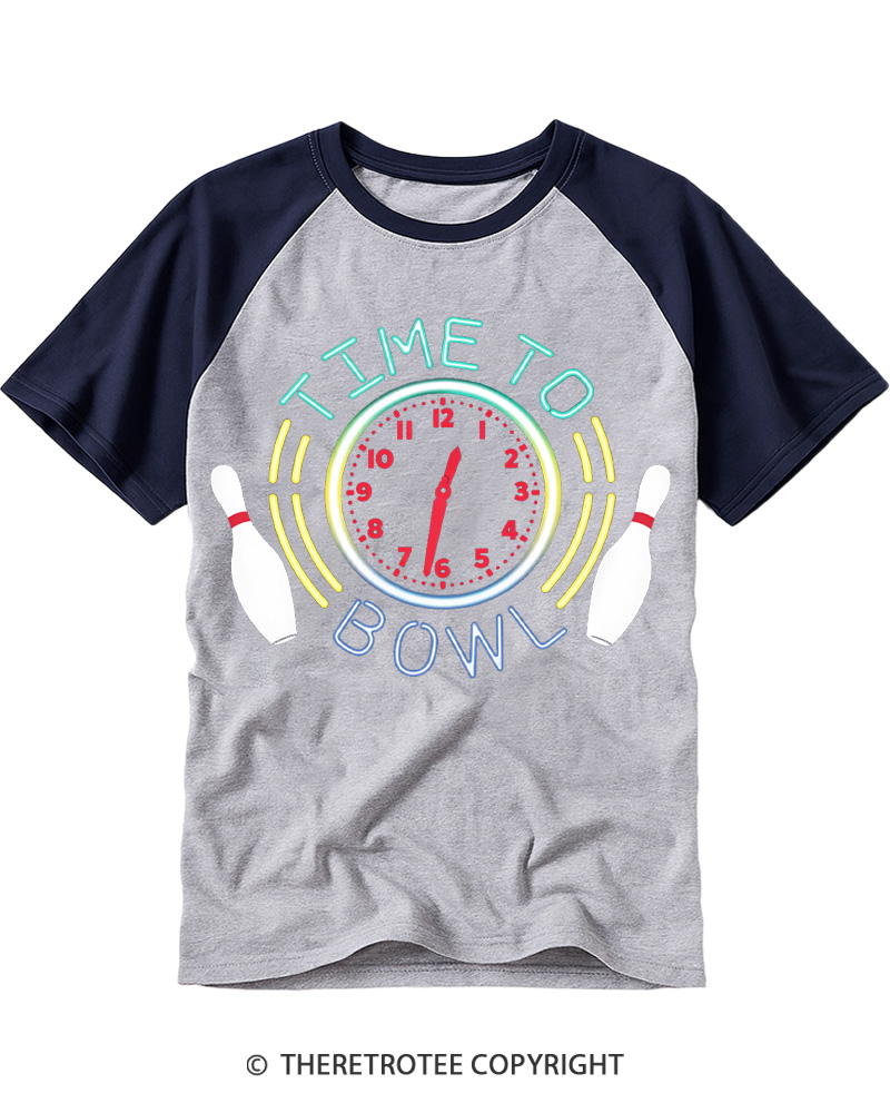 TheRetroTee Time To Bowl 1990s Raglan Baseball T-Shirt