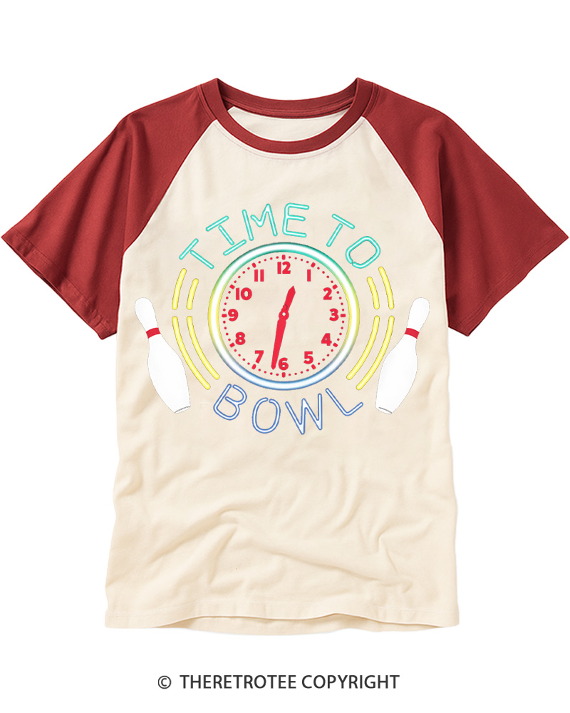 TheRetroTee Time To Bowl 1990s Raglan Baseball T-Shirt