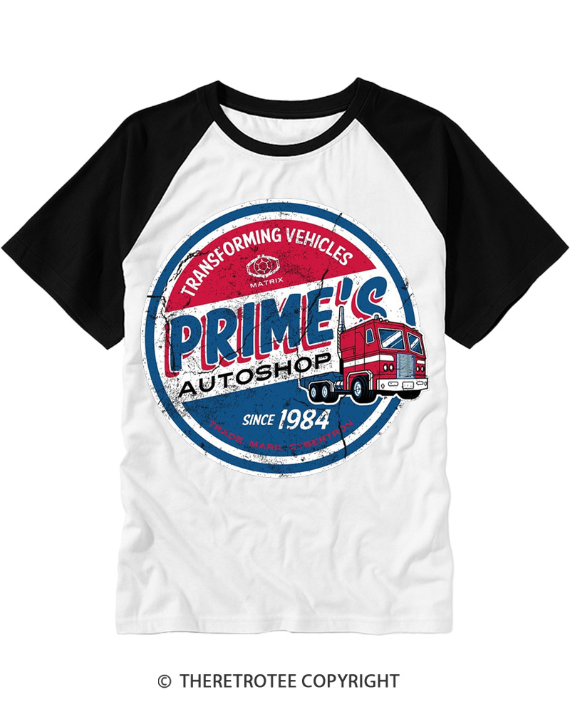 TheRetroTee Prime’s Autoshop 1980s Raglan Baseball T-Shirt