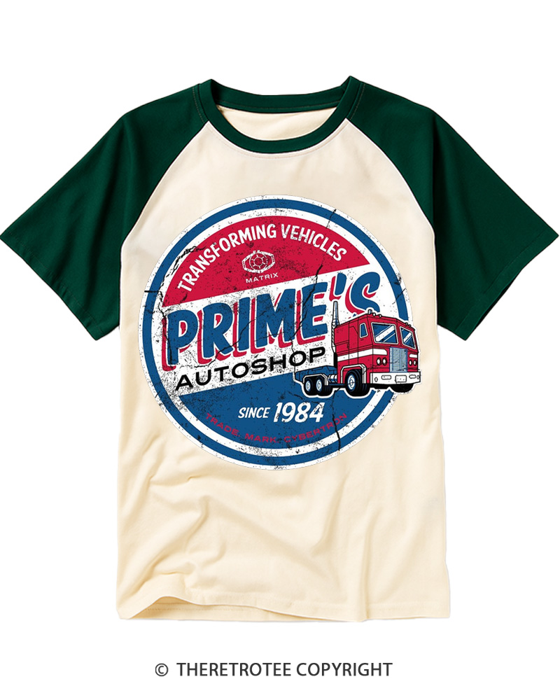 TheRetroTee Prime’s Autoshop 1980s Raglan Baseball T-Shirt