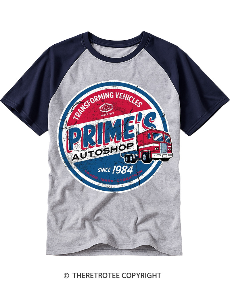 TheRetroTee Prime’s Autoshop 1980s Raglan Baseball T-Shirt