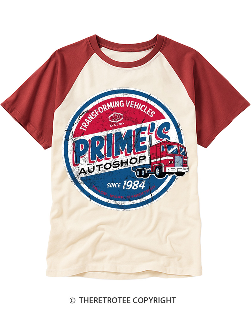 TheRetroTee Prime’s Autoshop 1980s Raglan Baseball T-Shirt
