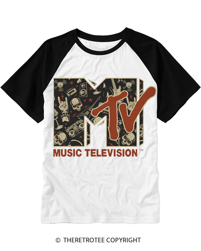 TheRetroTee Vintage Rock n Roll Skull Guitar Heavy Metal 1980s Raglan Baseball T-Shirt