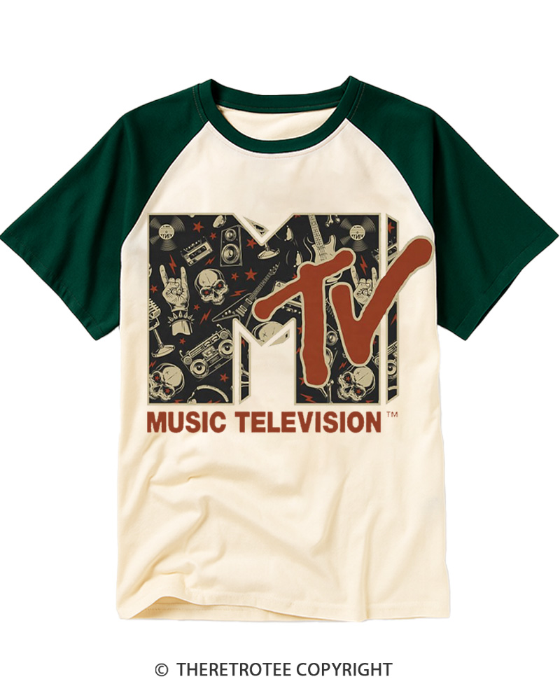 TheRetroTee Vintage Rock n Roll Skull Guitar Heavy Metal 1980s Raglan Baseball T-Shirt