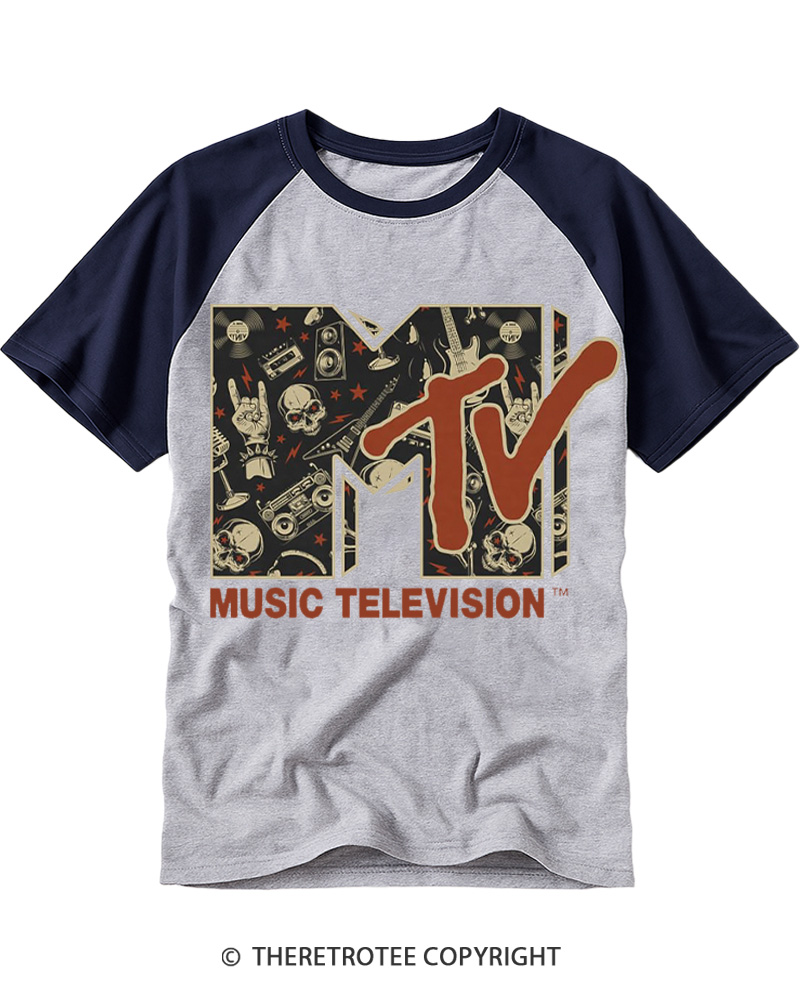 TheRetroTee Vintage Rock n Roll Skull Guitar Heavy Metal 1980s Raglan Baseball T-Shirt