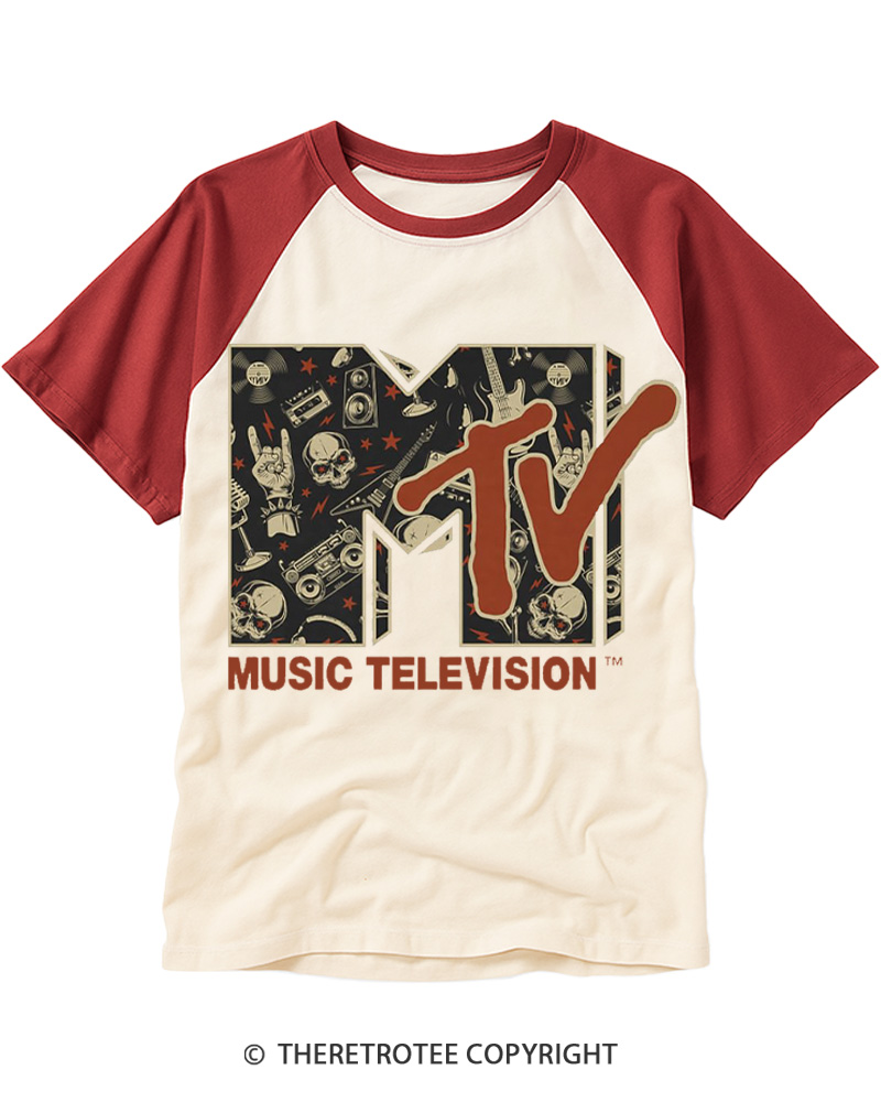 TheRetroTee Vintage Rock n Roll Skull Guitar Heavy Metal 1980s Raglan Baseball T-Shirt