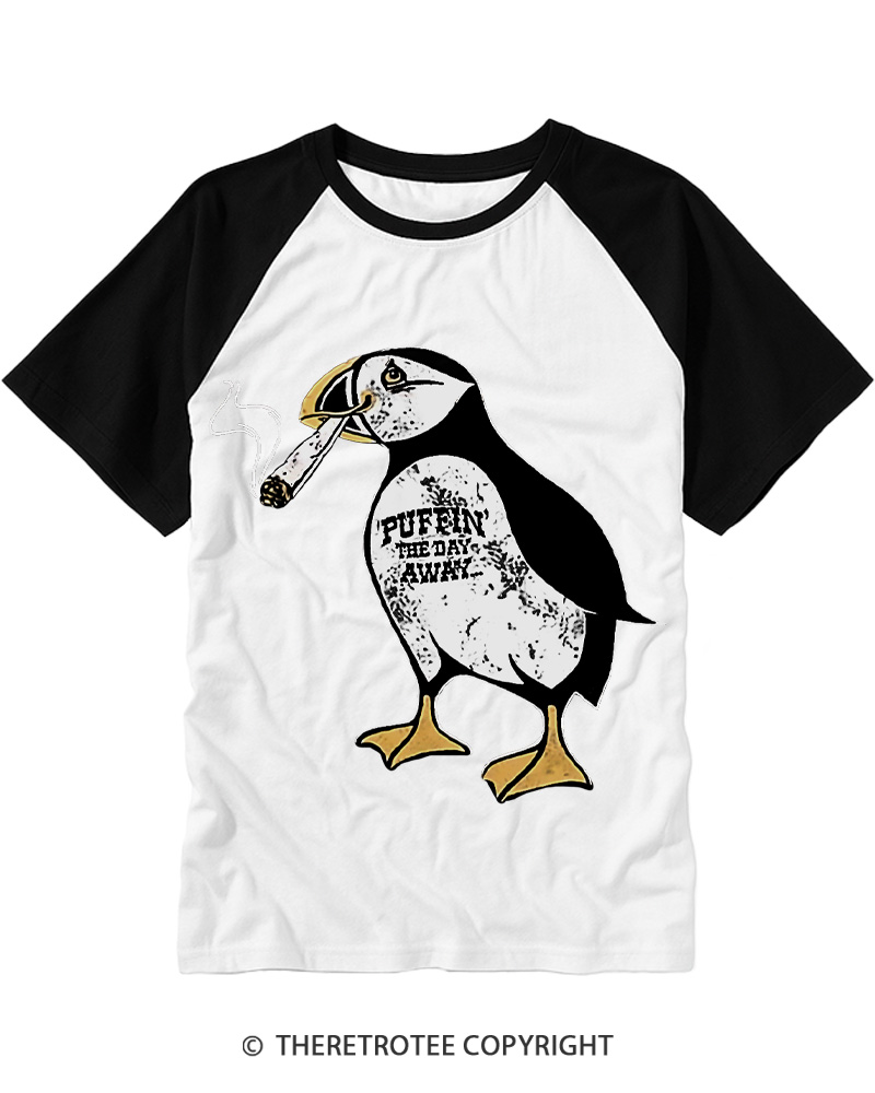 TheRetroTee Puffin The Day Away Vintage Graphic Raglan Baseball T-Shirt