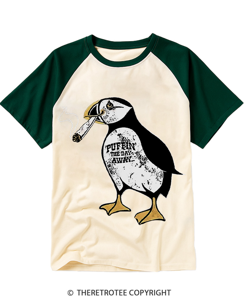 TheRetroTee Puffin The Day Away Vintage Graphic Raglan Baseball T-Shirt
