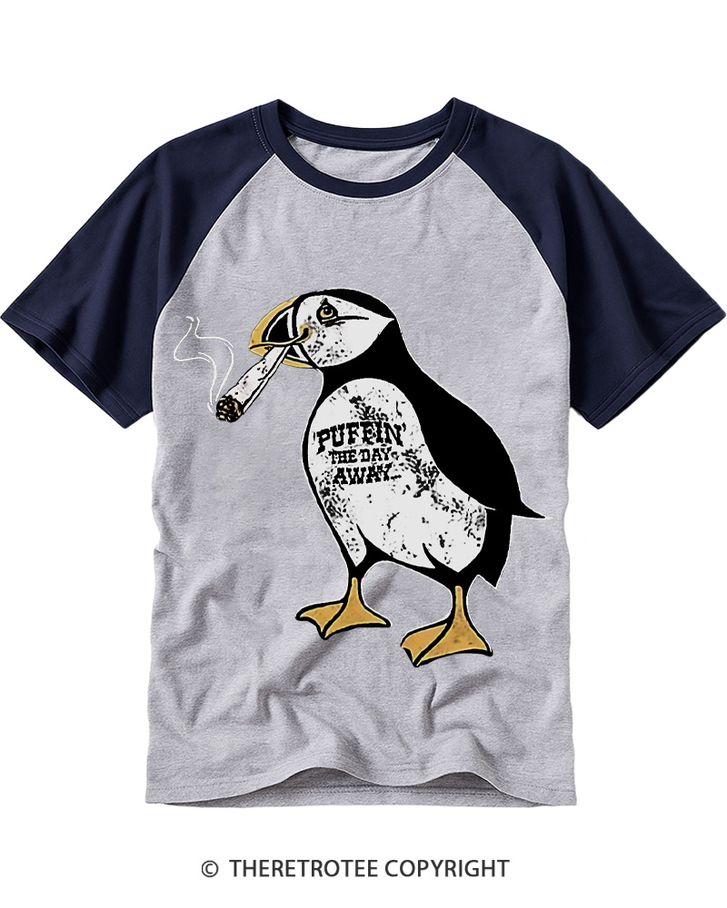 TheRetroTee Puffin The Day Away Vintage Graphic Raglan Baseball T-Shirt