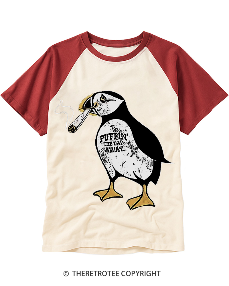 TheRetroTee Puffin The Day Away Vintage Graphic Raglan Baseball T-Shirt