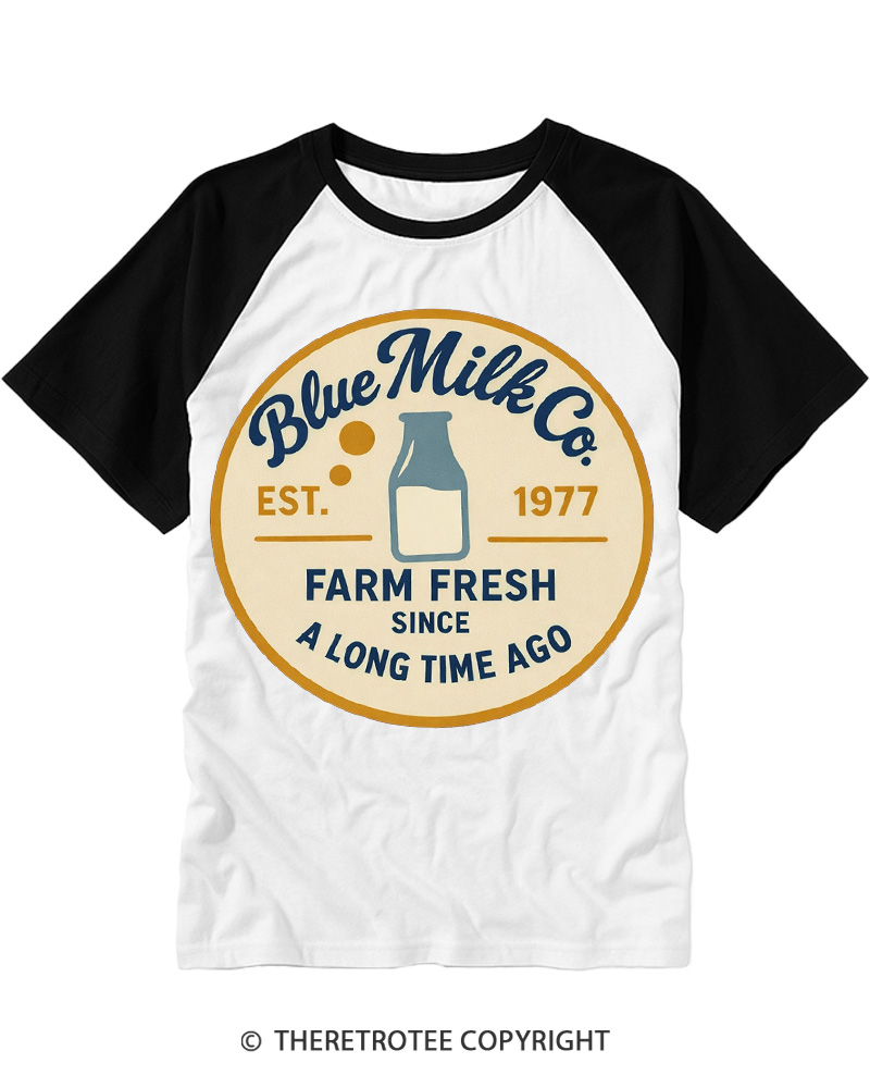 TheRetroTee Blue Milk Co. 1980s Raglan Baseball T-Shirt