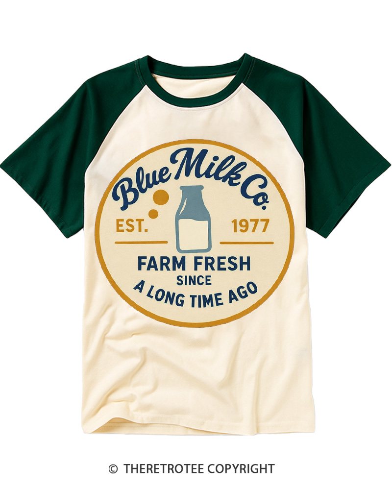 TheRetroTee Blue Milk Co. 1980s Raglan Baseball T-Shirt