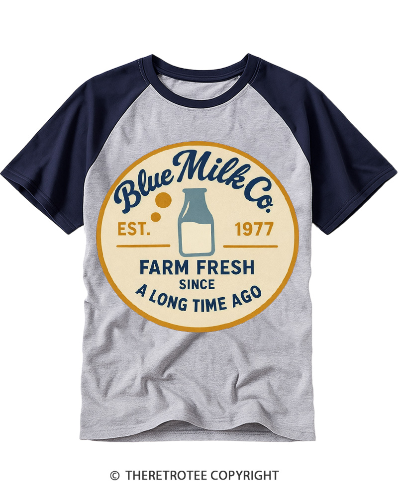 TheRetroTee Blue Milk Co. 1980s Raglan Baseball T-Shirt