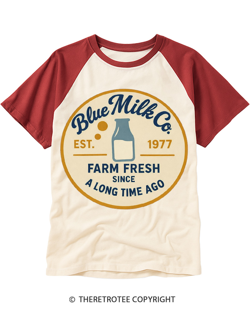 TheRetroTee Blue Milk Co. 1980s Raglan Baseball T-Shirt
