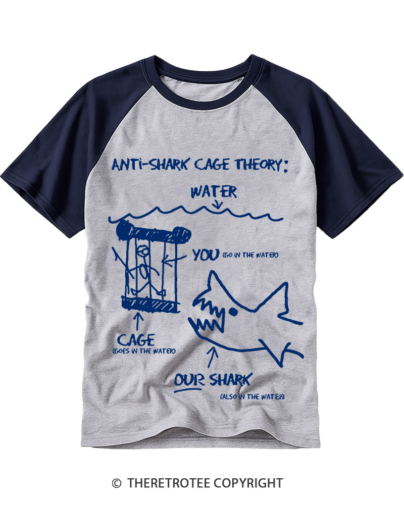 TheRetroTee Anti Shark Cage Theory Water 1970s Raglan Baseball T-Shirt
