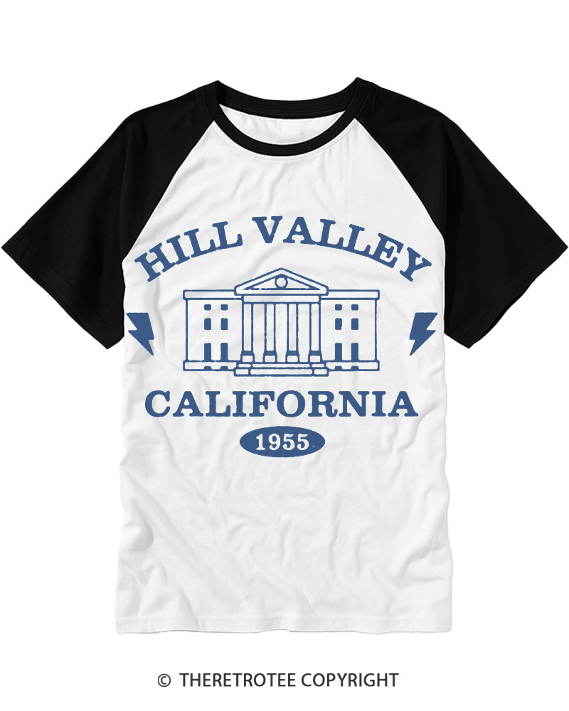 TheRetroTee Hill Valley California 1955 Raglan Baseball T-Shirt