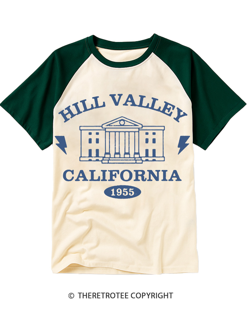 TheRetroTee Hill Valley California 1955 Raglan Baseball T-Shirt