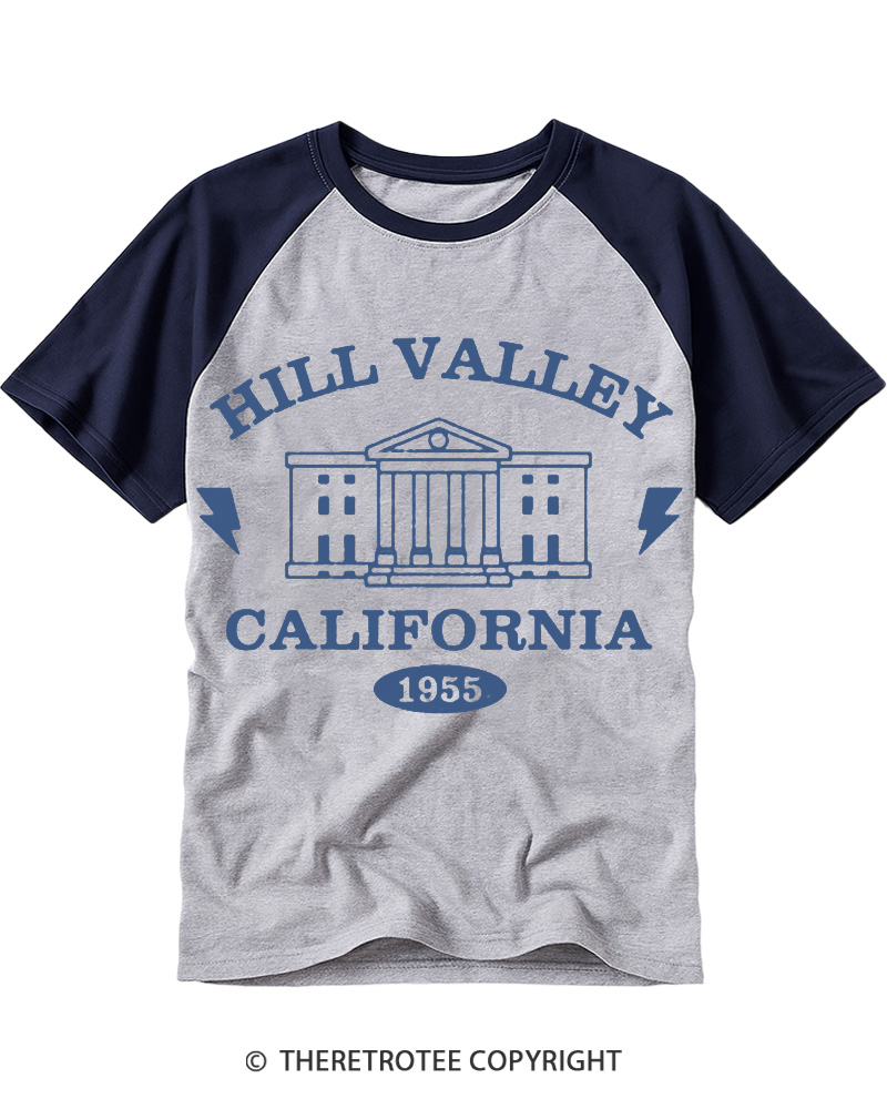 TheRetroTee Hill Valley California 1955 Raglan Baseball T-Shirt
