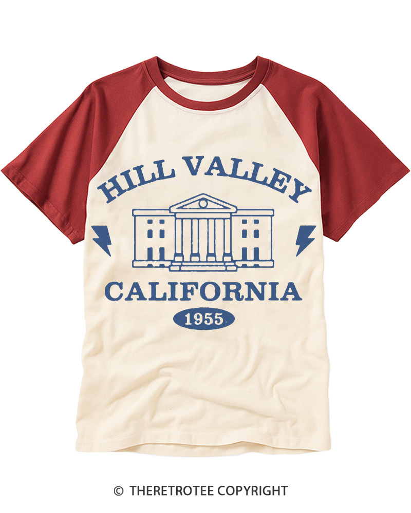 TheRetroTee Hill Valley California 1955 Raglan Baseball T-Shirt