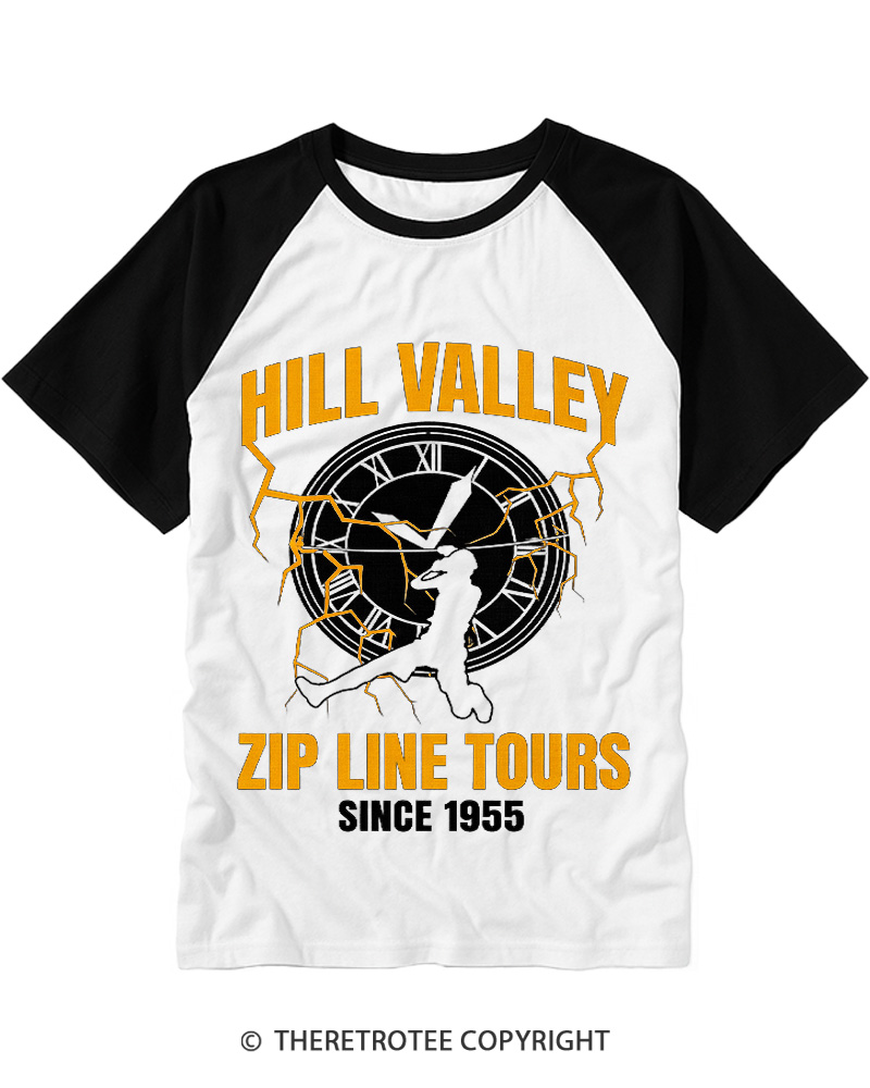 TheRetroTee Hill Valley Zip Line Tours 1980s Raglan Baseball T-Shirt
