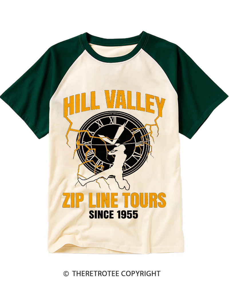 TheRetroTee Hill Valley Zip Line Tours 1980s Raglan Baseball T-Shirt