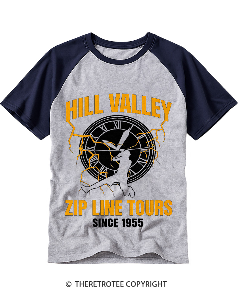TheRetroTee Hill Valley Zip Line Tours 1980s Raglan Baseball T-Shirt