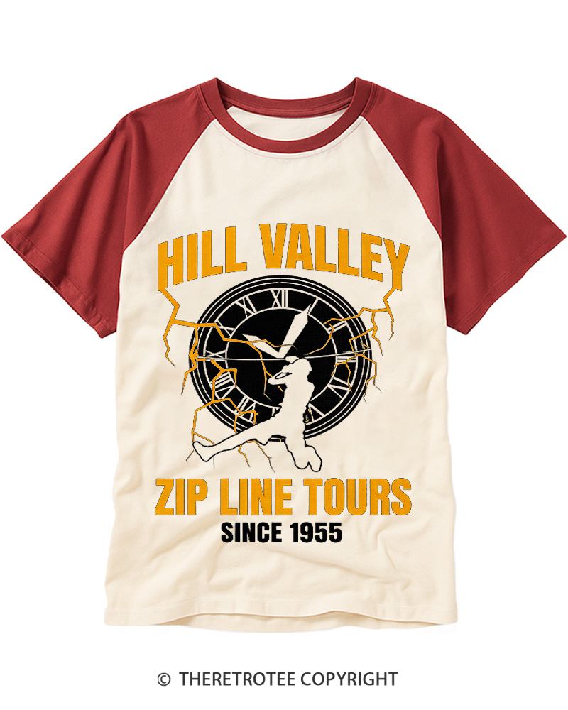 TheRetroTee Hill Valley Zip Line Tours 1980s Raglan Baseball T-Shirt