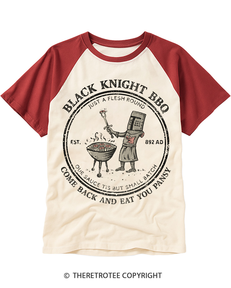 TheRetroTee Black Knight BBQ 1970s Raglan Baseball T-Shirt